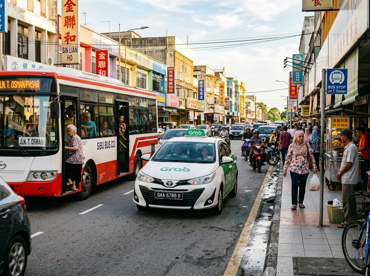 Bergerak dalam bandar Sibu dengan Grab dan bas tempatan