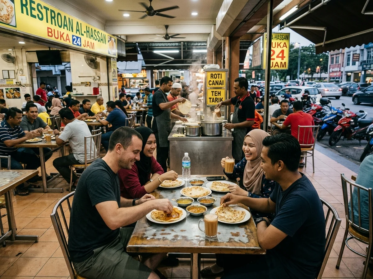 Restoran mamak 24 jam dengan roti canai dan teh tarik di Shah Alam