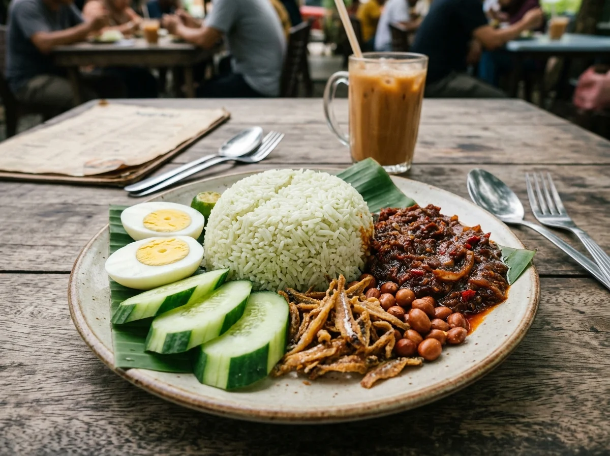 Sepinggan nasi lemak dengan sambal, ikan bilis dan telur