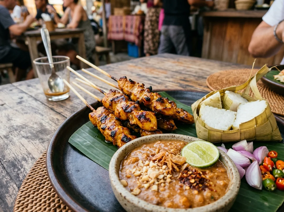 Cucuk satay ayam dengan kuah kacang dan ketupat