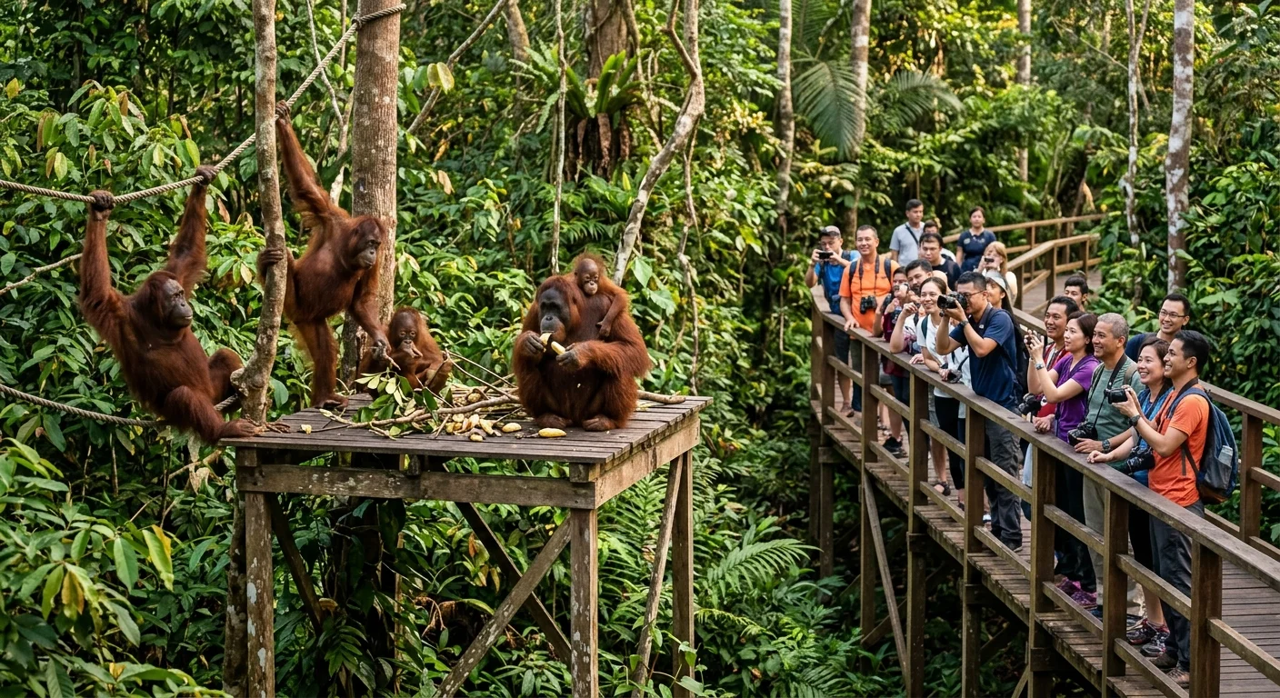 Sepilok Orangutan Rehabilitation Centre Sandakan — feeding platform dalam hutan