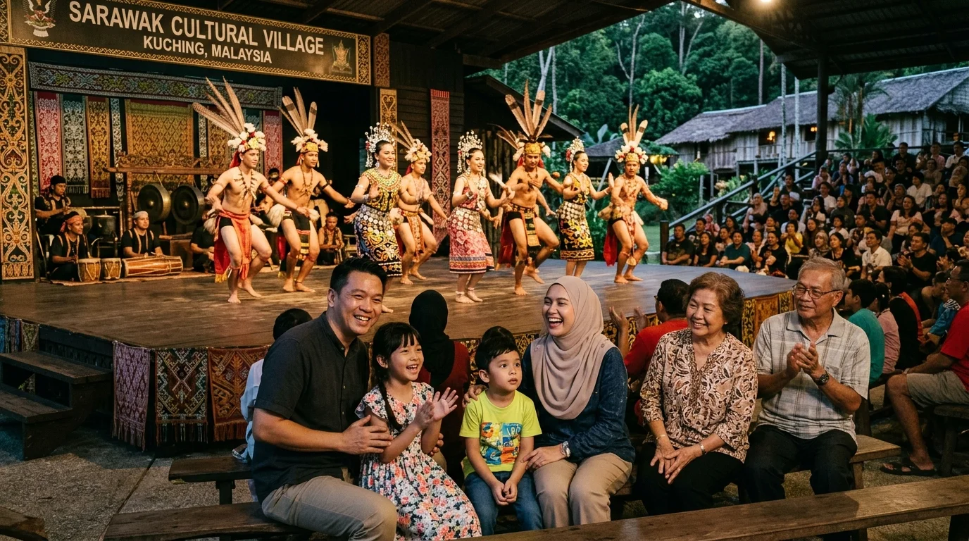 Keluarga di Sarawak Cultural Village Kuching cuti sekolah