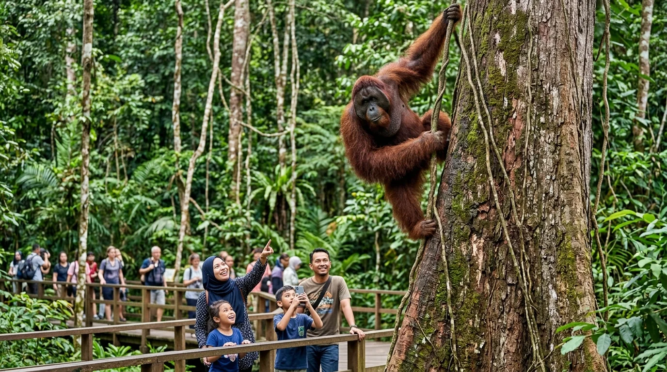 Orangutan liar turun dari pokok di Semenggoh Kuching