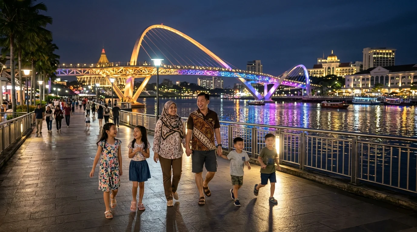Keluarga bersantai di Kuching Waterfront senja hari