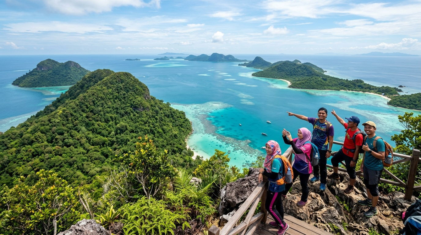 Pantai pasir putih dan laut jernih di pulau-pulau Semporna arkipelag