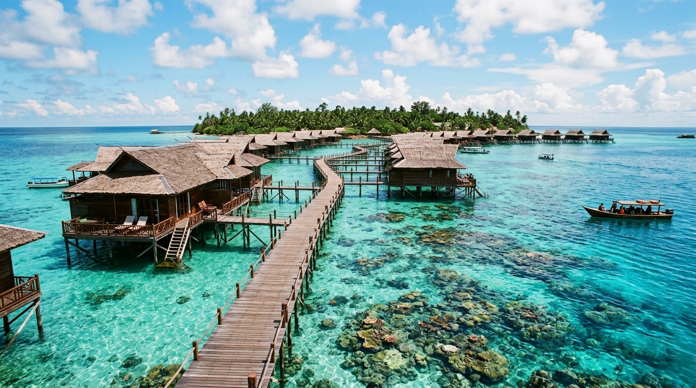 Laut biru jernih Semporna dengan resort terapung dan pulau-pulau di latar belakang