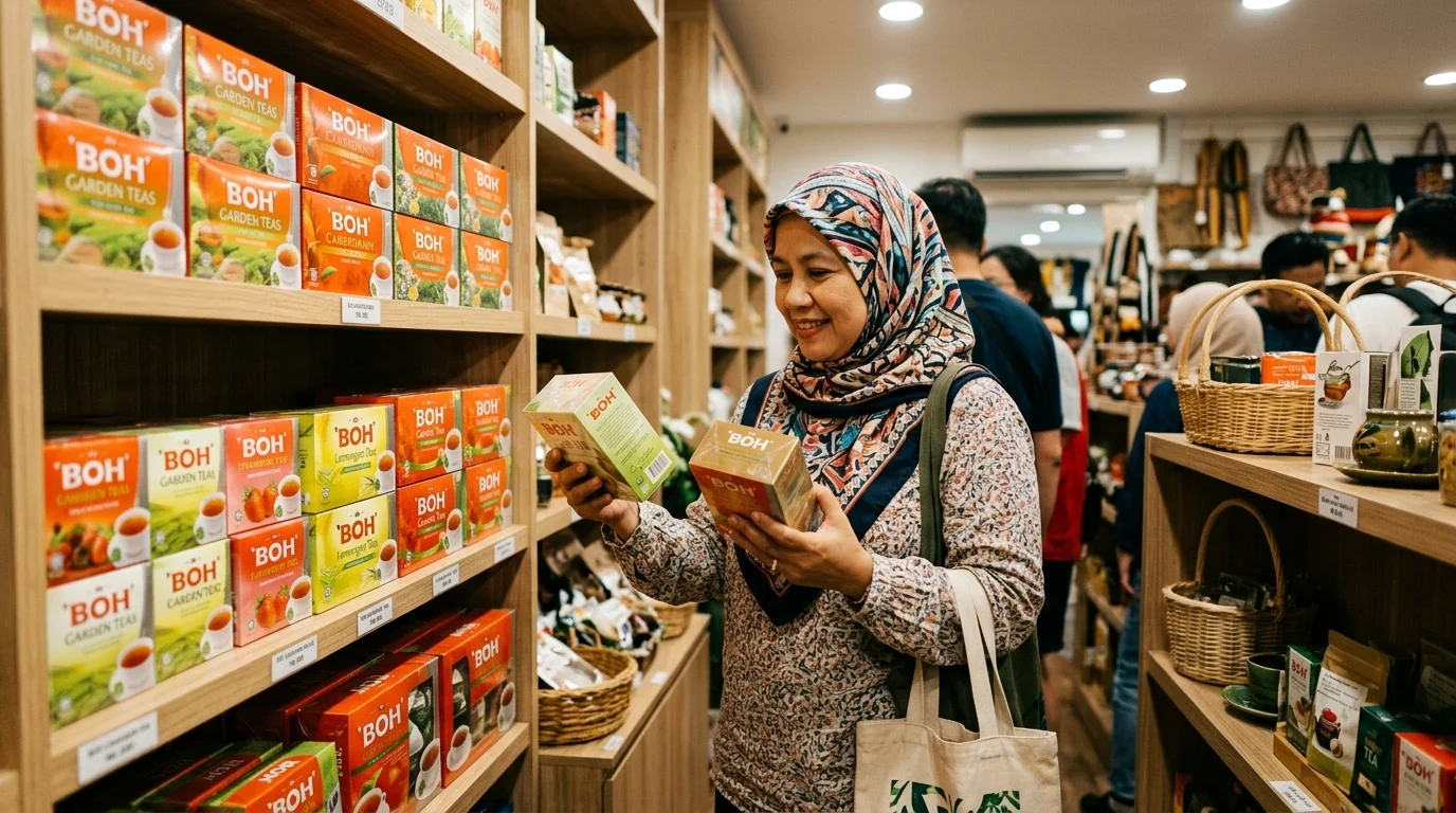 Pembeli Malaysia memilih produk teh Boh di kedai cenderamata Cameron Highlands