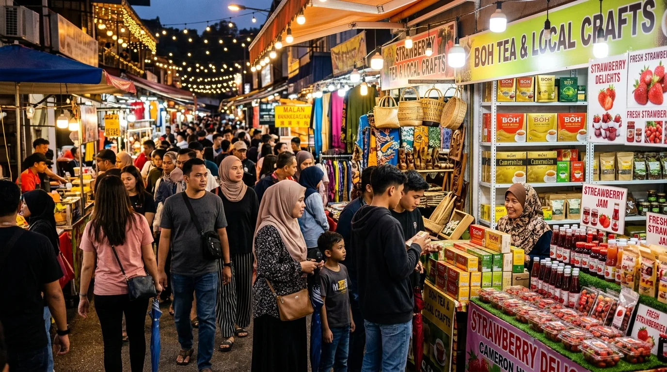 Pasar Malam Brinchang Cameron Highlands — pengunjung Malaysia membeli cenderamata