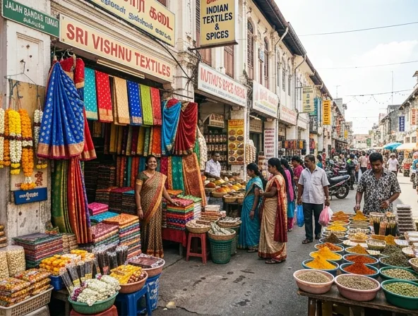 Jalan India dengan kedai pakaian dan kain tradisional
