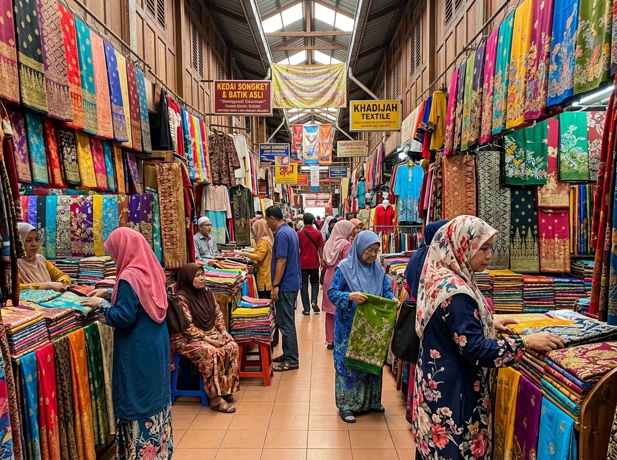 Deretan kain songket dan batik di Bazaar Buluh Kubu Kota Bharu