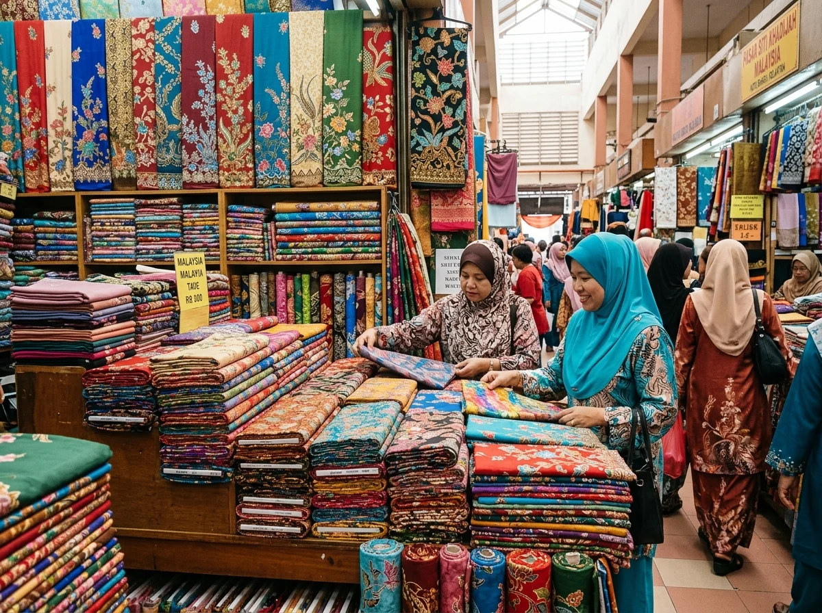 Suasana Pasar Siti Khadijah dengan penjual kain dan batik yang berwarna-warni