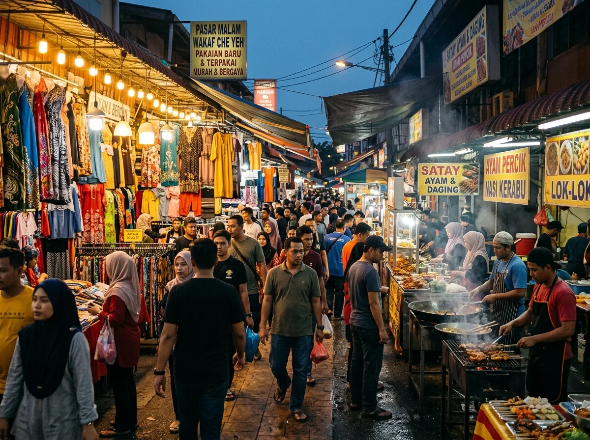 Deretan gerai pakaian dan barangan di Wakaf Che Yeh malam hari