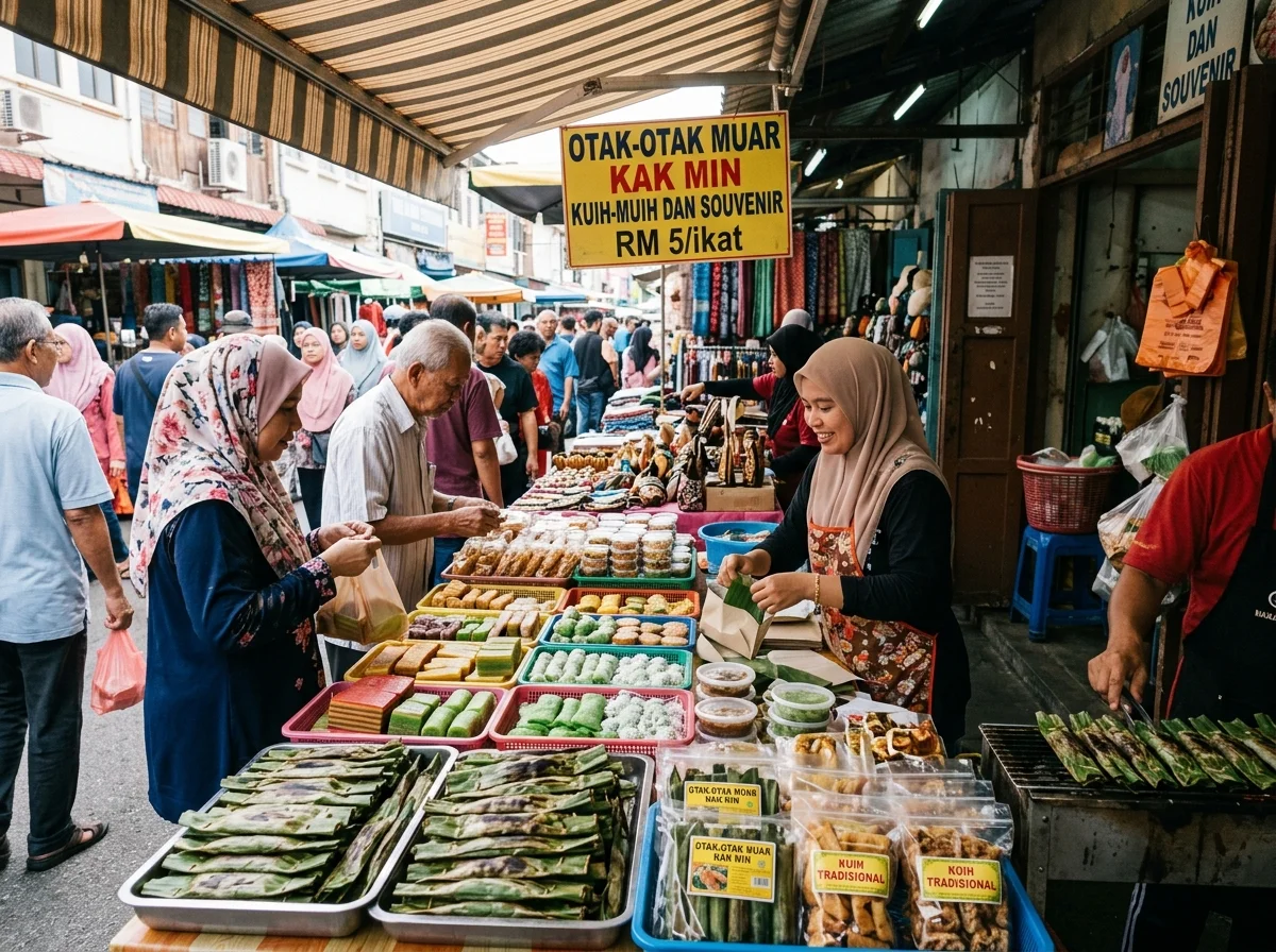 Pasar Muar menjual otak-otak dan oleh-oleh tempatan