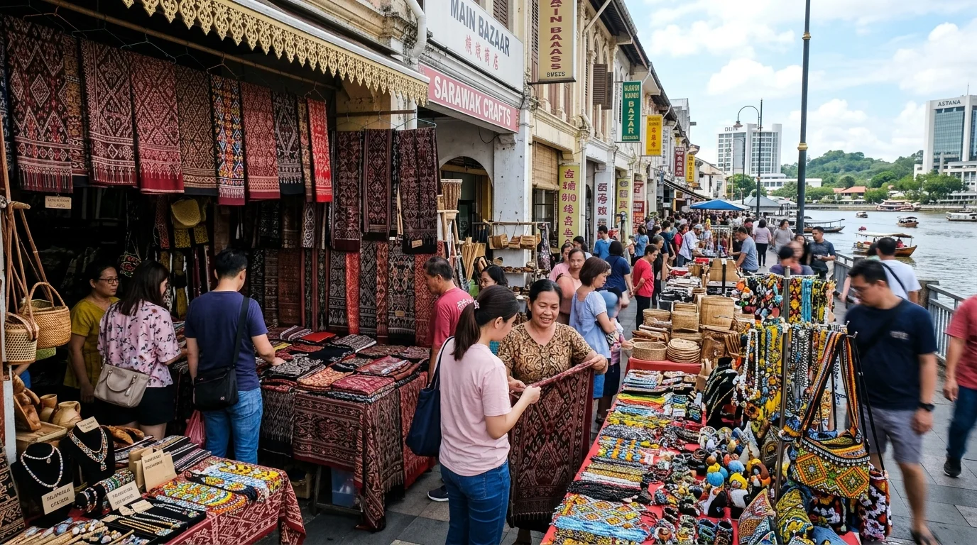 Kedai kraftangan dan cenderahati di Main Bazaar Kuching Waterfront