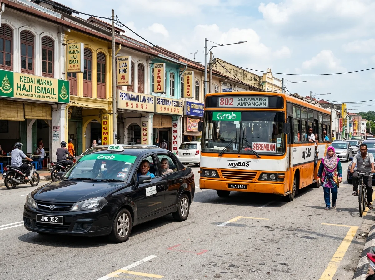Grab dan bas tempatan di jalan bandar Seremban