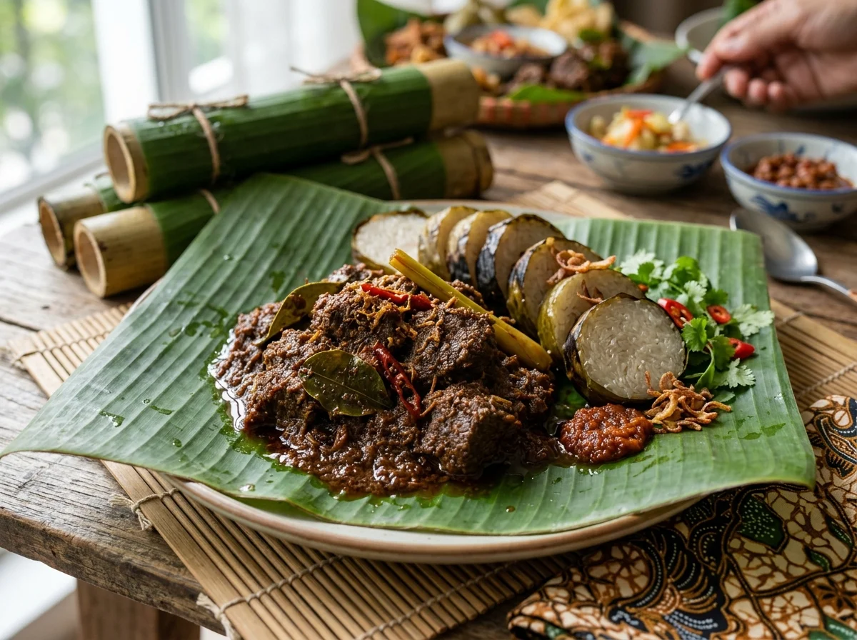 Rendang dan lemang di atas daun pisang