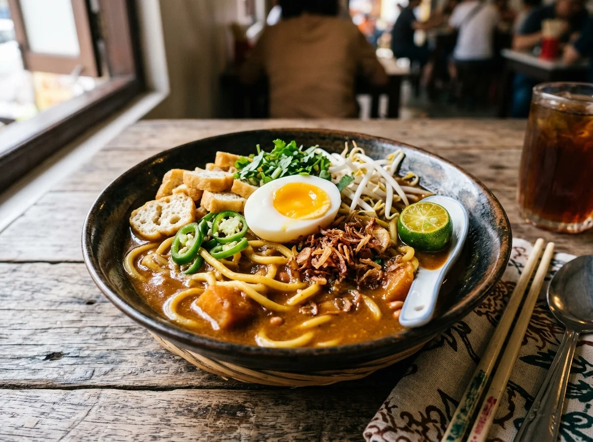 Semangkuk mee rebus dengan kuah pekat