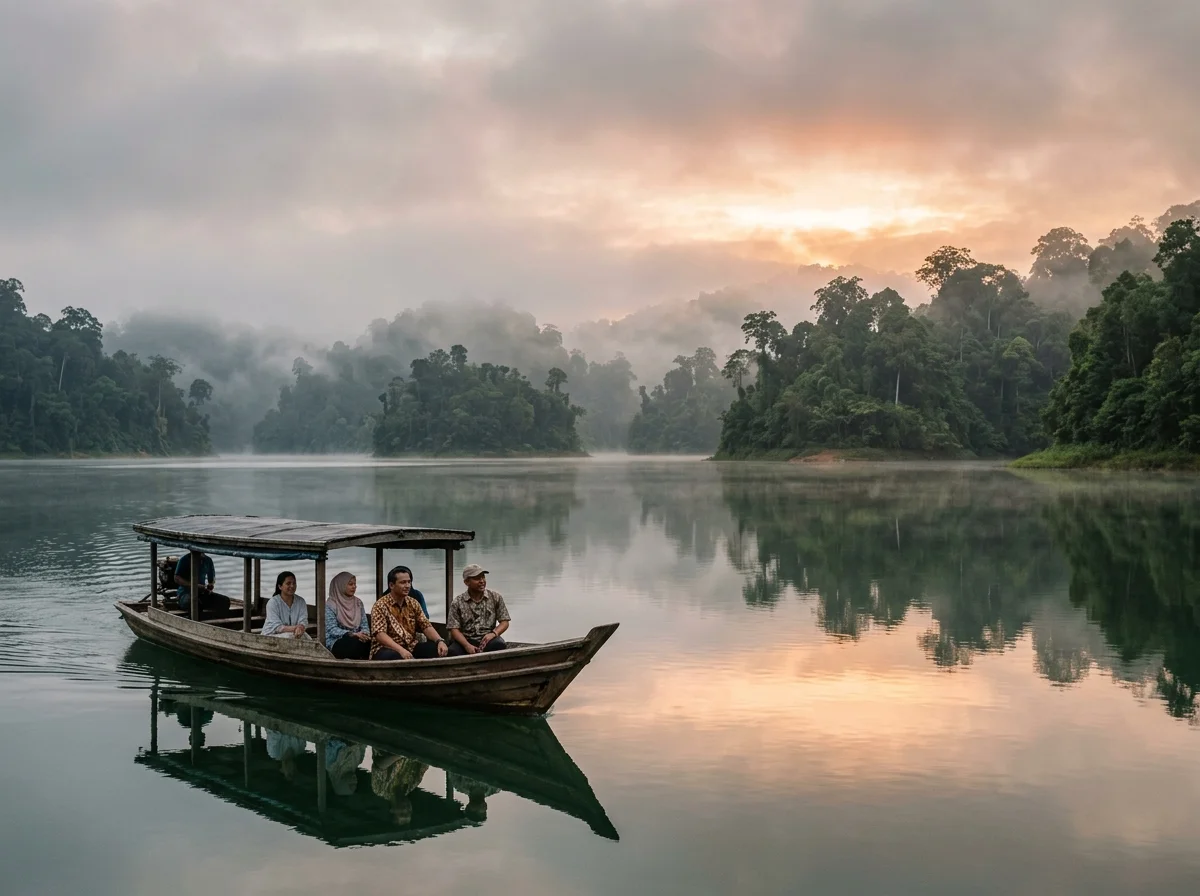 Kabus pagi dan matahari terbit di Tasik Kenyir