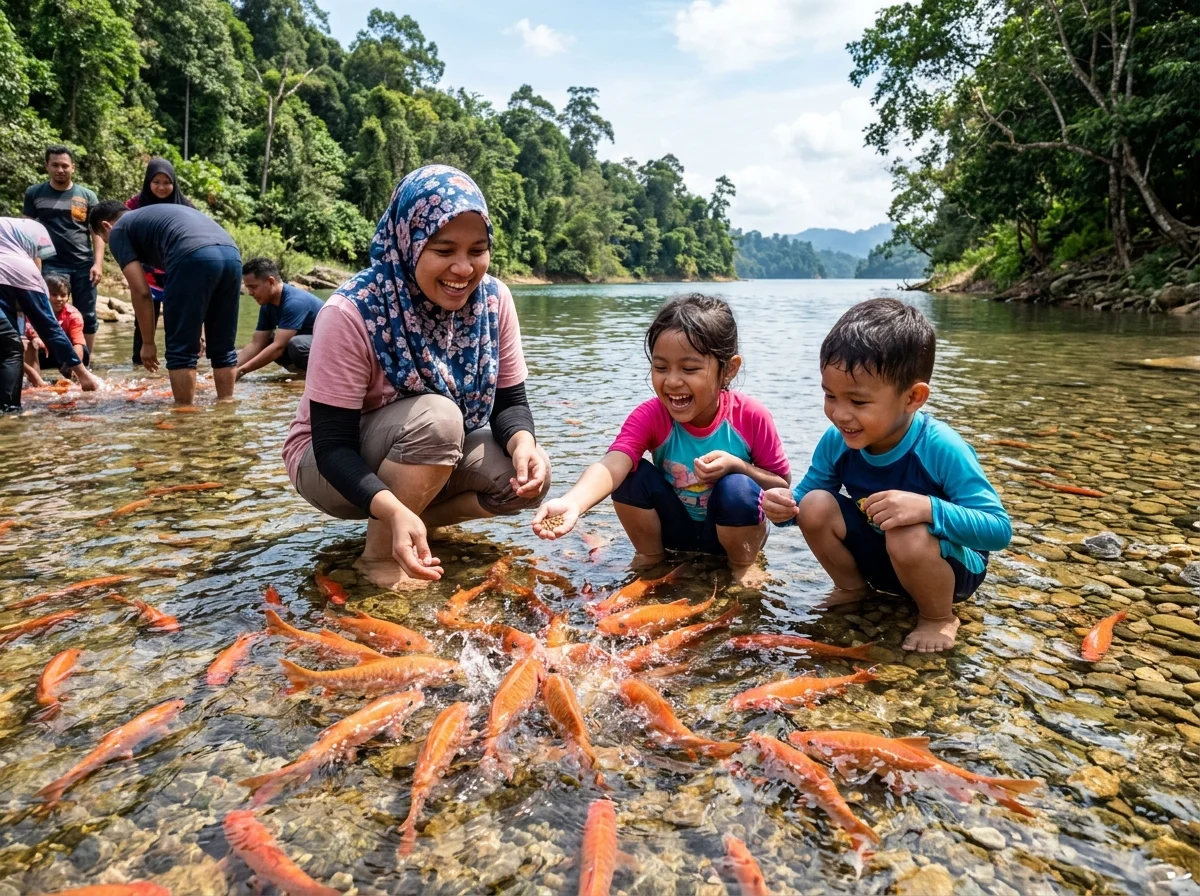 Memberi makan ikan kelah di Kelah Sanctuary Tasik Kenyir