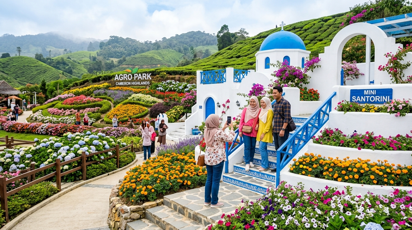 Taman bunga dengan kawasan Santorini mini putih dan biru