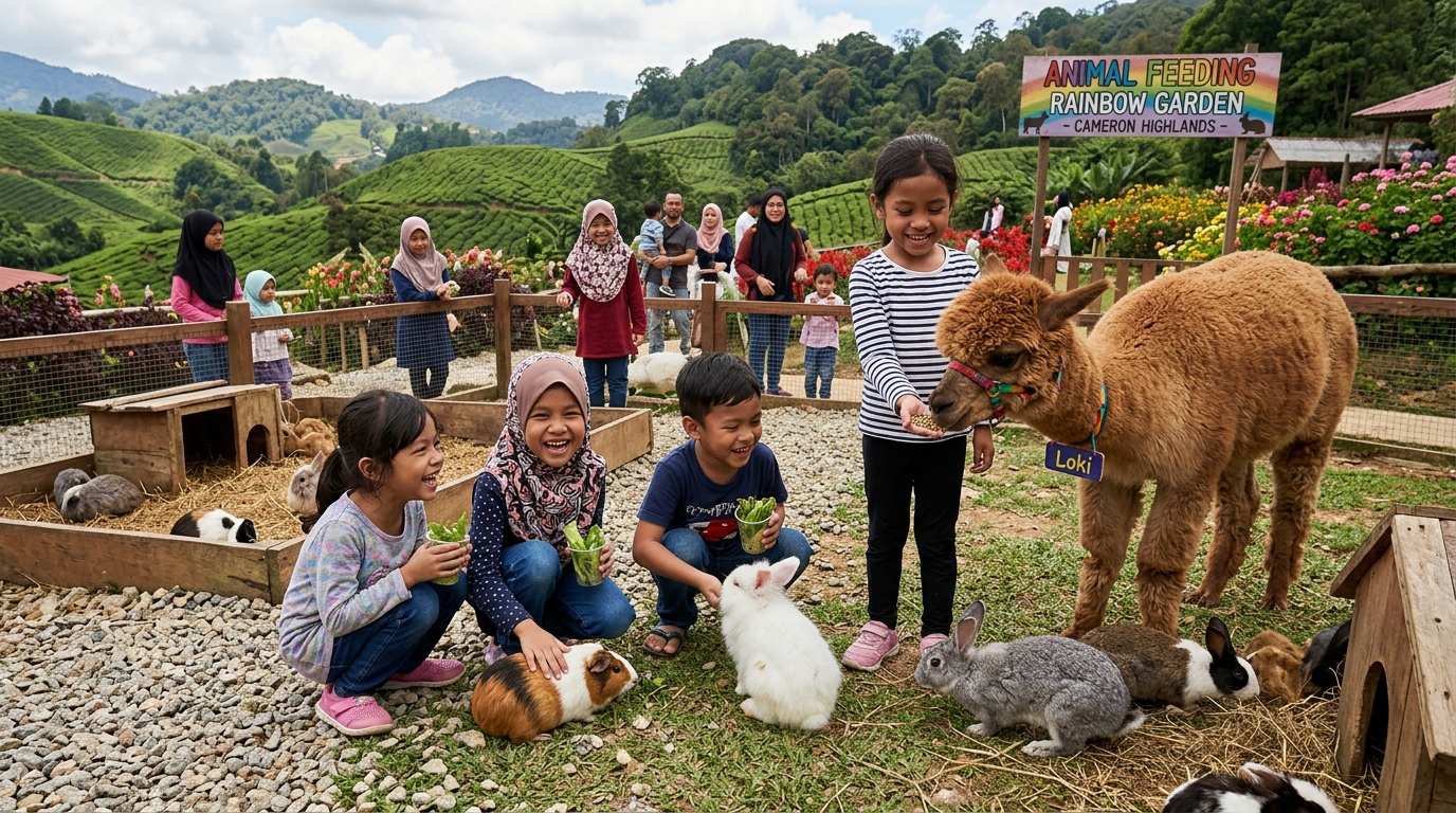 Taman dengan haiwan: arnab, merak, kura-kura, katak, alpaca