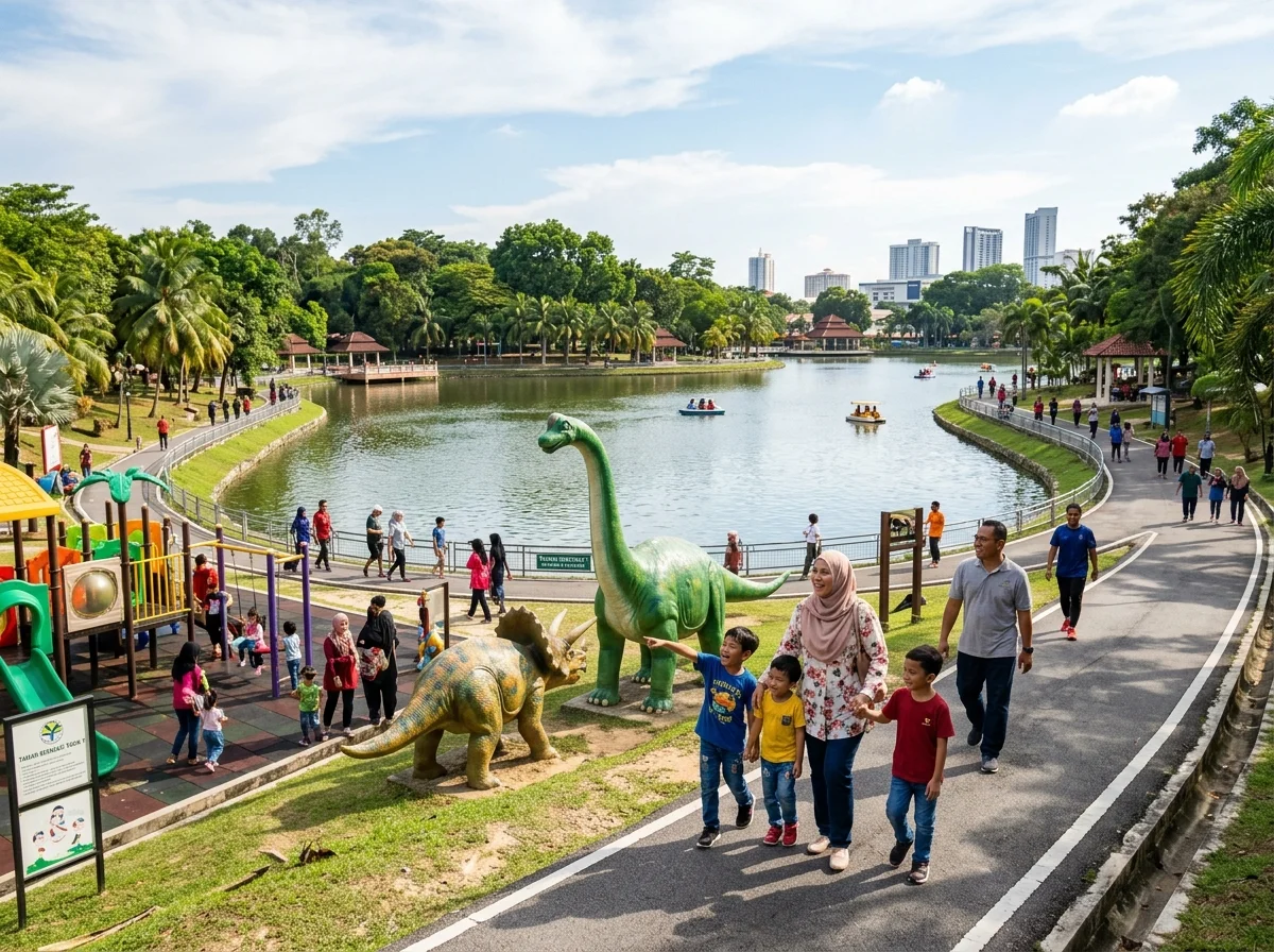 Tasik berbentuk Y dan arca dinosaur di Taman Tasik Y Batu Pahat
