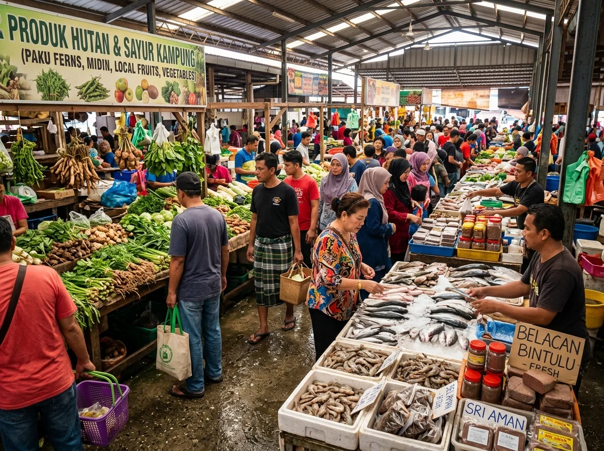 Pasar Utama Bintulu dengan belacan dan hasil laut segar