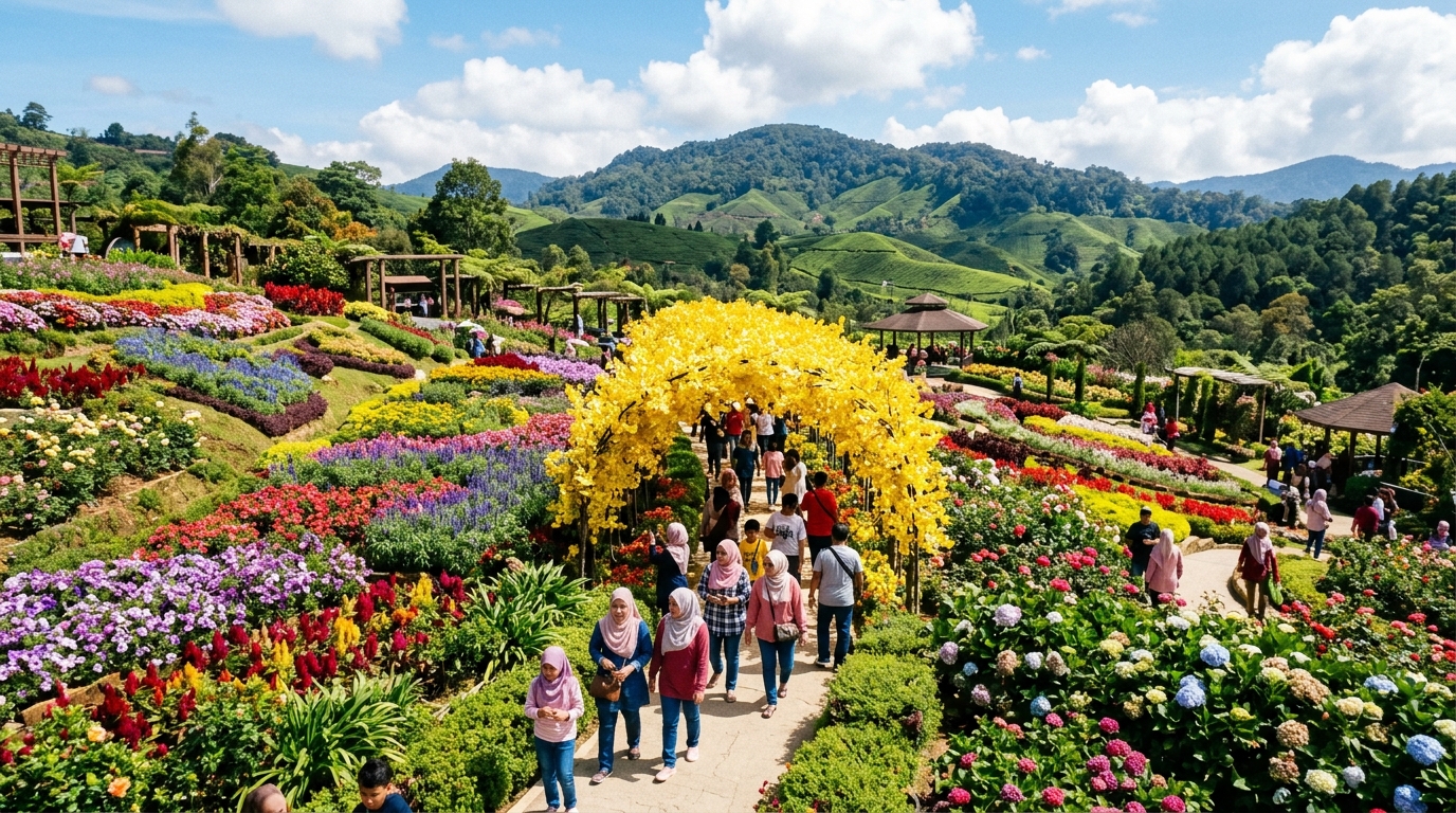 Taman botani bunga dengan terowongan pohon ginkgo emas