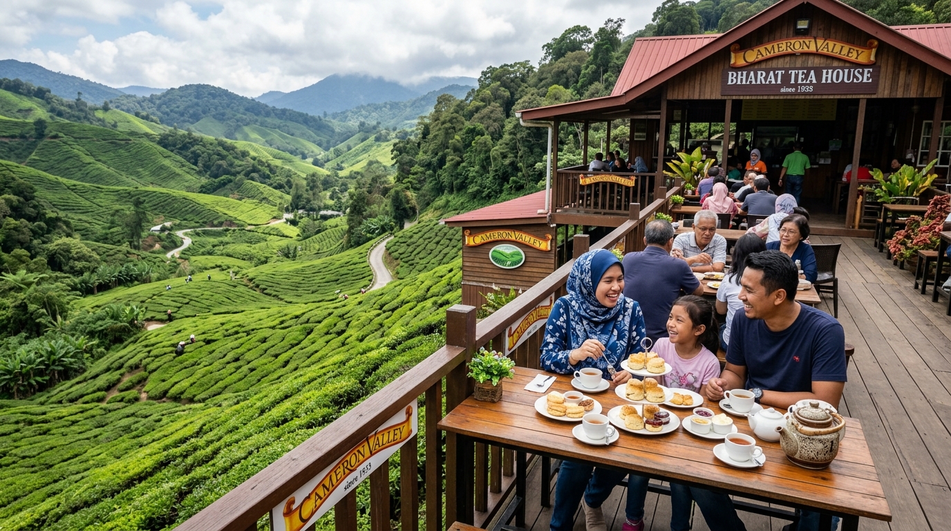 Ladang teh Bharat dengan pemandangan lembah hijau