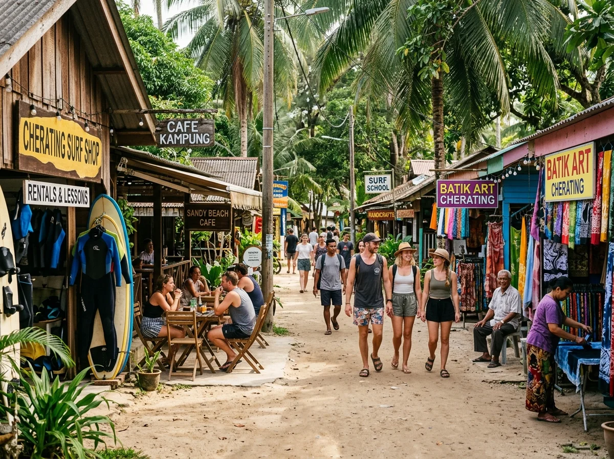 Suasana santai Kampung Cherating Lama dengan kedai selancar dan kafe