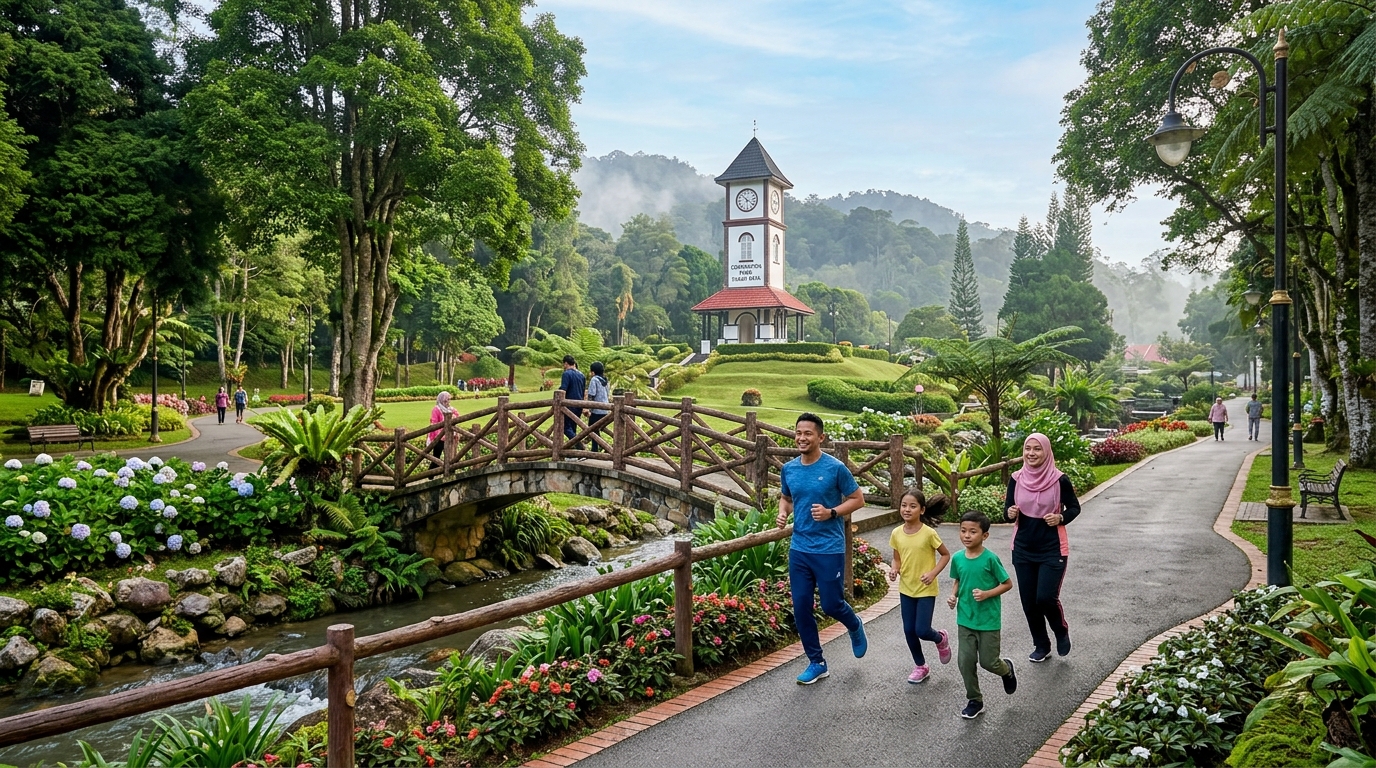 Taman Coronation dengan pokok besar, menara jam, dan jembatan