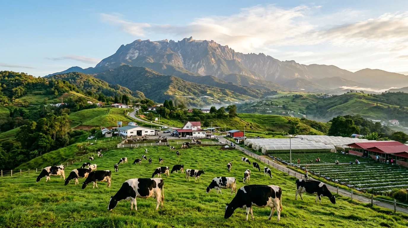Desa Dairy Farm dengan latar Gunung Kinabalu