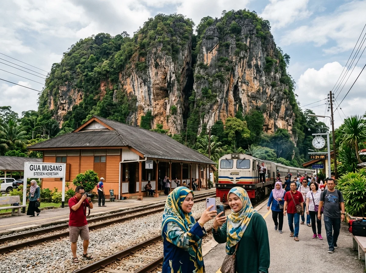 Stesen keretapi lama Gua Musang di kaki tebing batu kapur