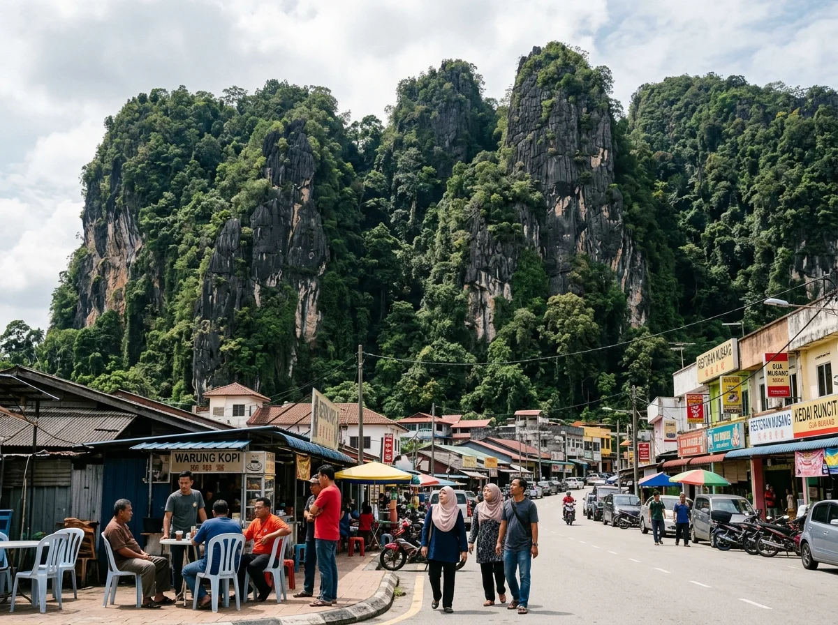 Tebing batu kapur dramatik di belakang pekan Gua Musang