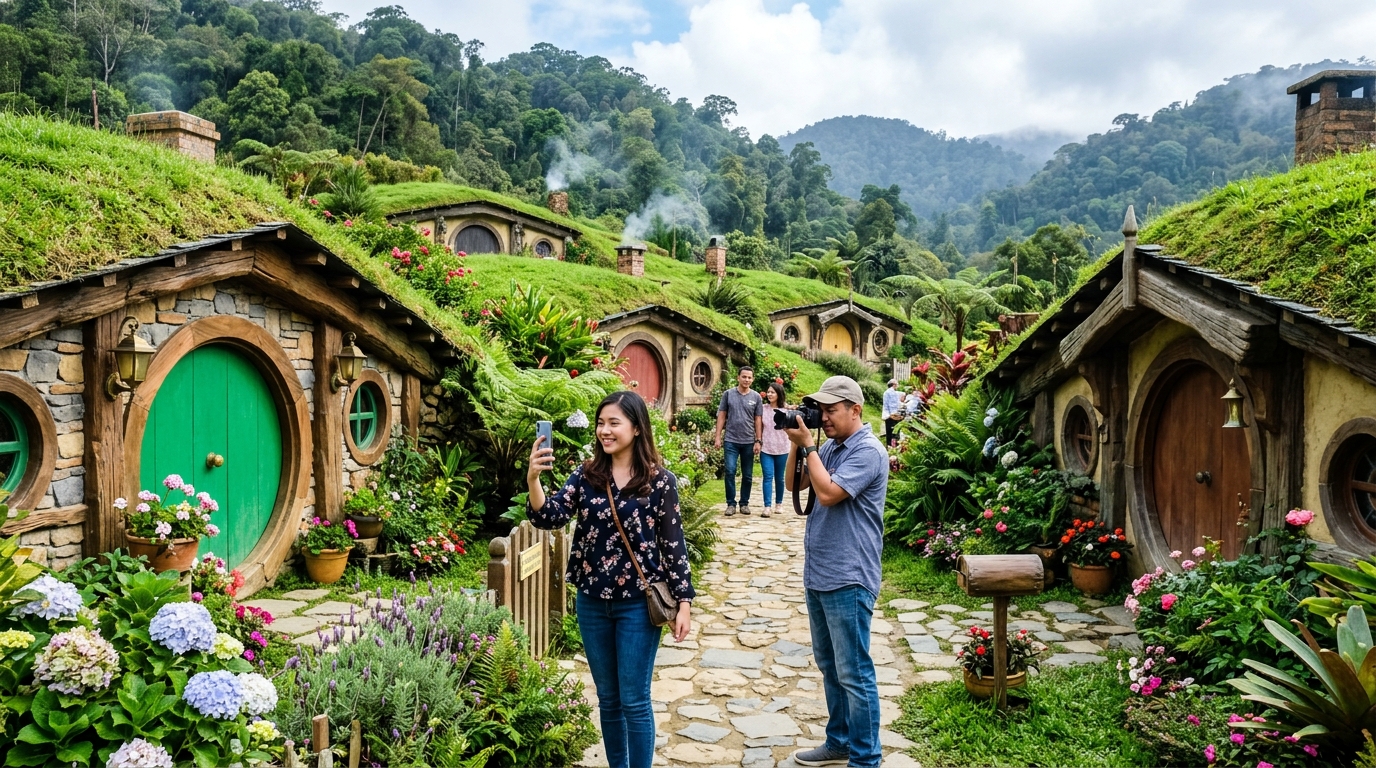 Desa bergaya Hobbit dengan bumbung membulat dan pintu bulat