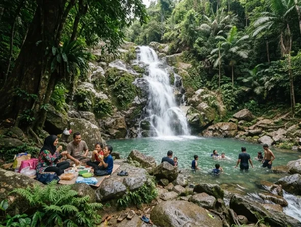 Air terjun dalam hutan hijau dengan kolam air jernih