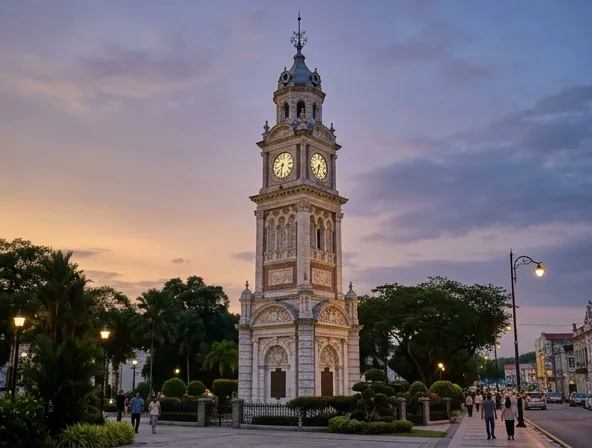 Menara bersejarah dengan batu gamping putih di puncak bukit