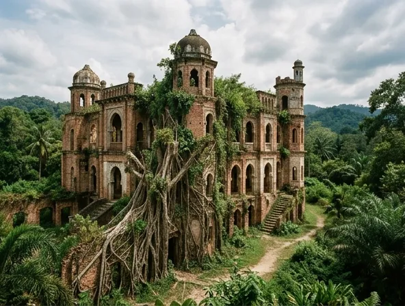 Istana bergaya Eropean dengan menara sudut dan taman