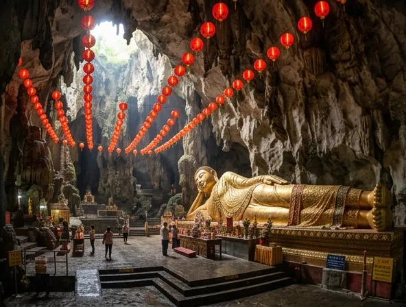 Gua dengan patung Buddha dan relief batu kapur di dinding