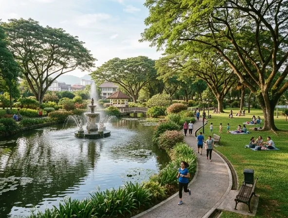 Taman dengan danau buatan dan jembatan tradisional