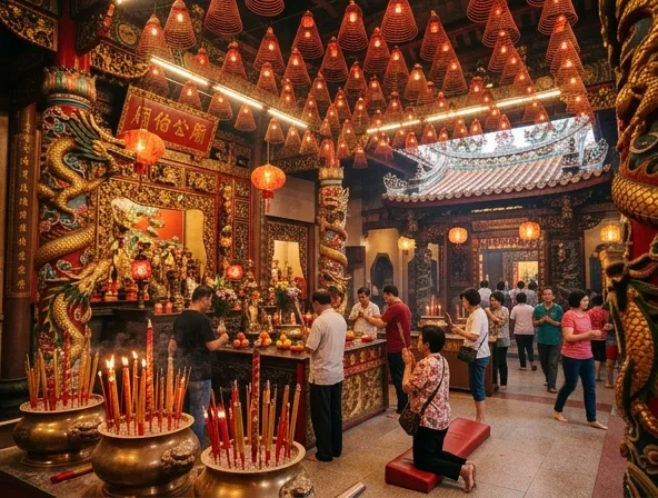 Kuil Cina dengan hiasan merah emas tradisional dan patung
