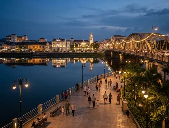 Promenade di tepi sungai dengan bangunan bersejarah