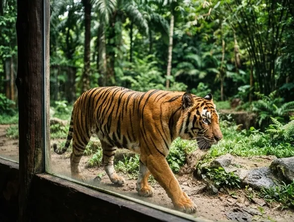 Kandang harimau dengan pengayaan lingkungan di zoo modern