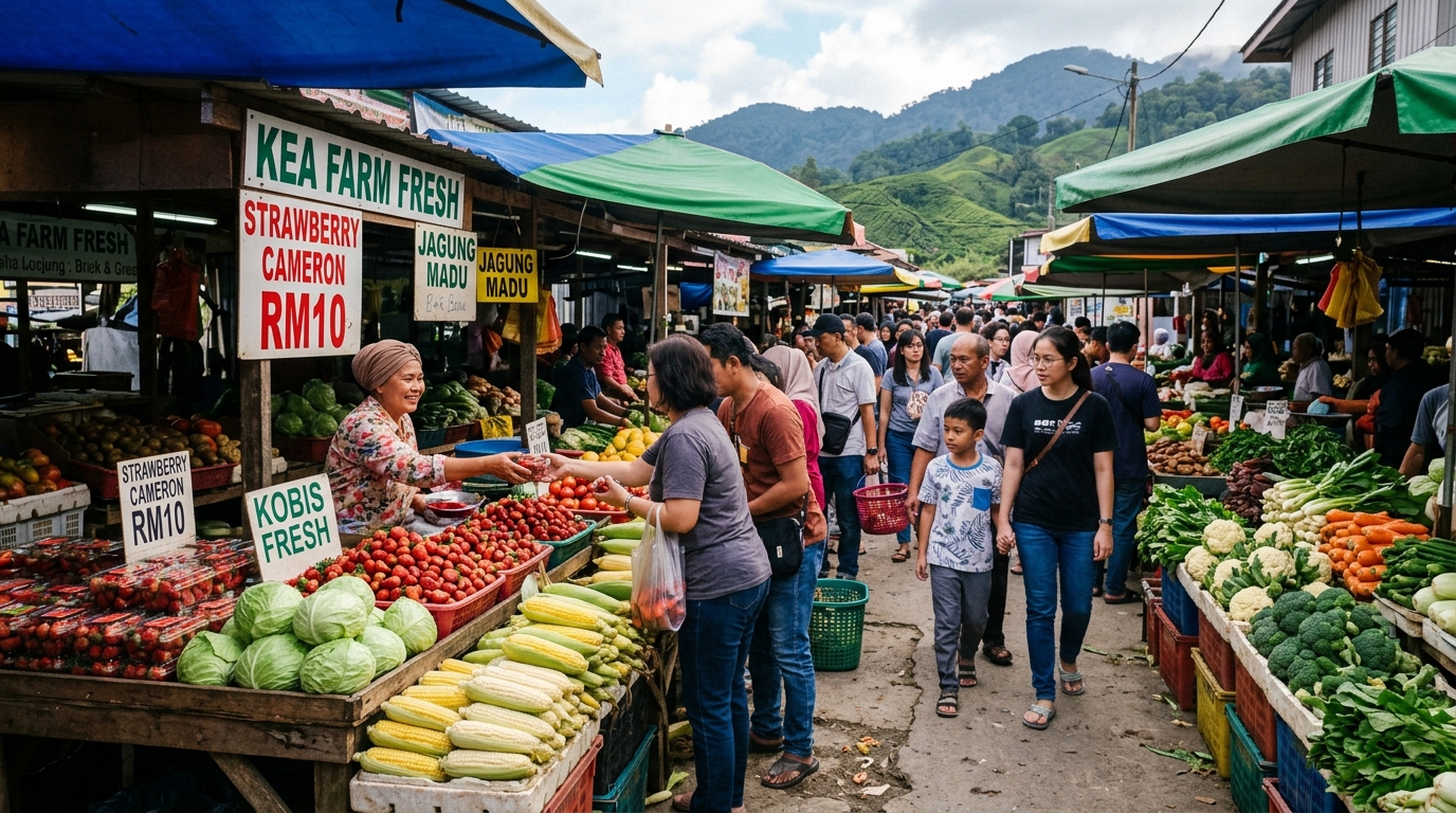 Pasar petani Kea Farm dengan sayur-sayuran segar dan pelancong