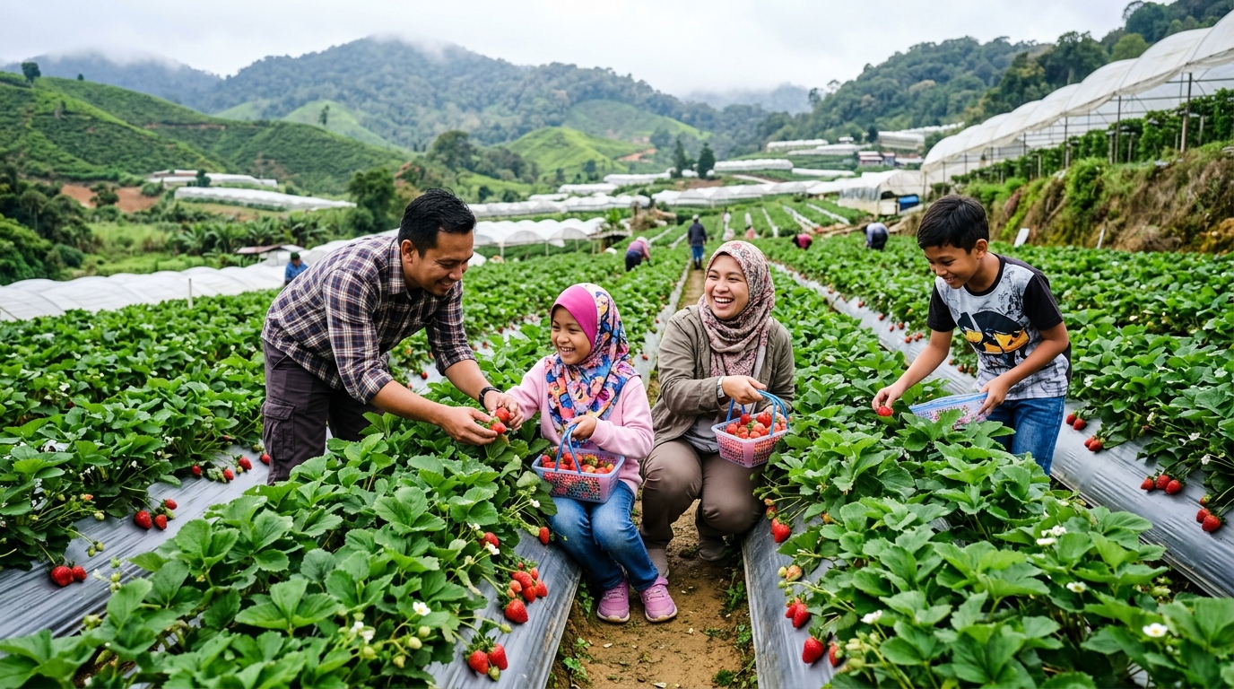 Kebun strawberi merah masak dengan pengunjung memetik