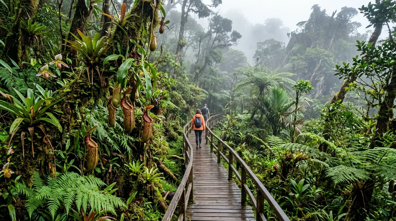 Hutan hujan Kinabalu Park dengan trail pejalan kaki