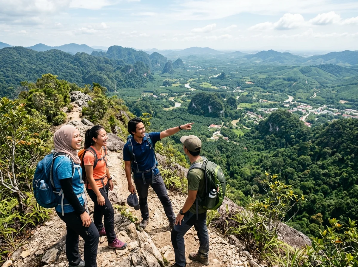 Pendaki di Gunung Bujang Melaka dengan pemandangan Lembah Kinta