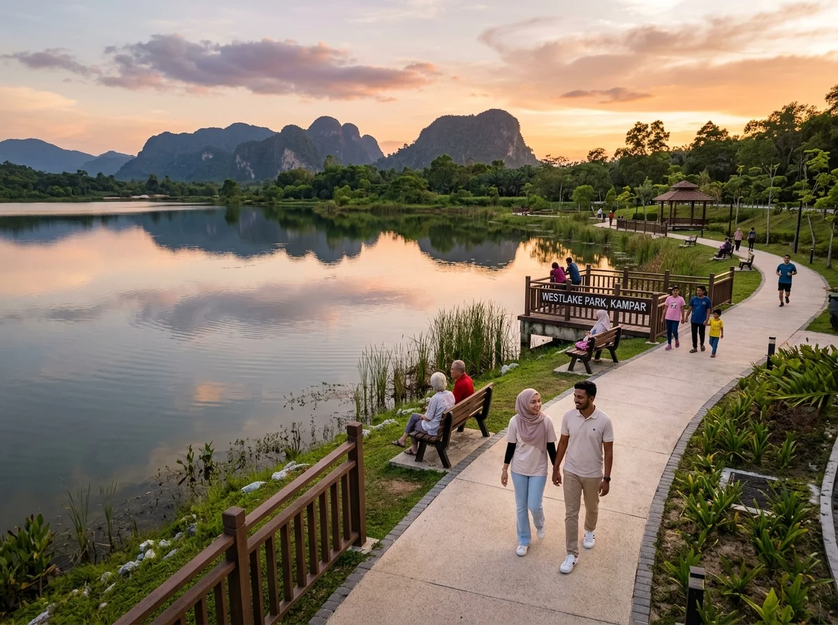 Keluarga berbasikal di taman tasik Westlake Kampar