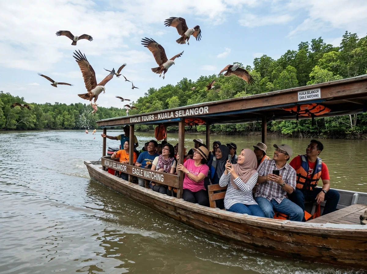 Tur bot memberi makan helang di muara sungai
