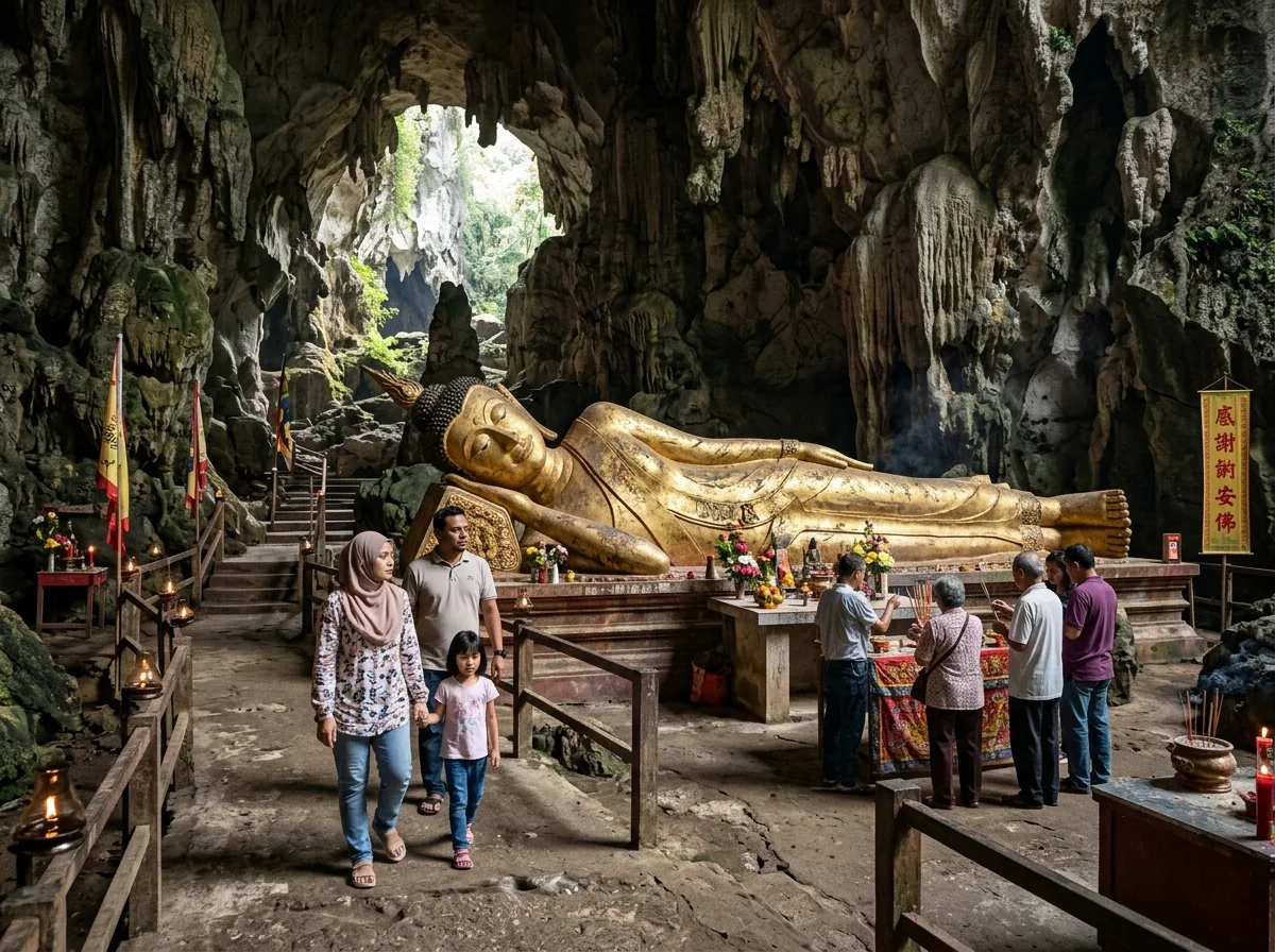 Gua batu kapur Gua Charas dengan kuil berhampiran Kuantan